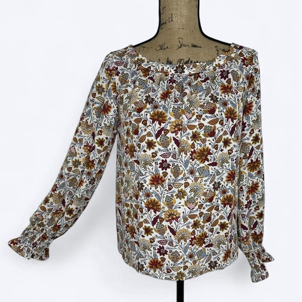 Loft Outlet Floral Blouse Sz S Elastic Cuff Fall Peasant Prairie Cottagecore